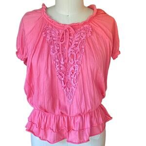ALLISON BRITTNEY Women's Salmon Pink Embroidered Boho Blouse ~ LARGE